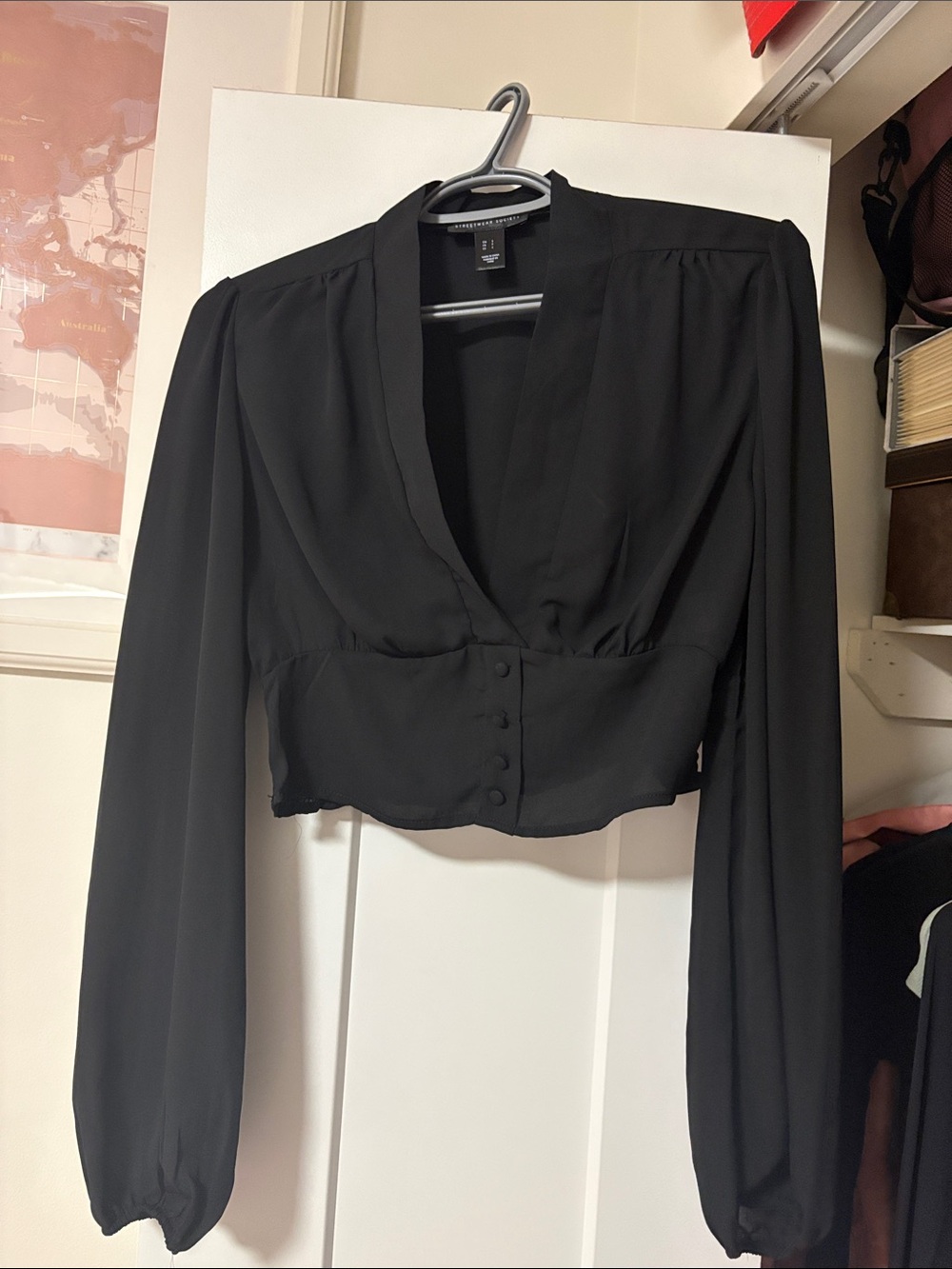 Women's Black Button-Front Cropped Blouse